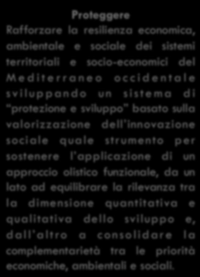 Proteggere Rafforzare la resilienza economica, ambientale e sociale dei sistemi territoriali e socio-economici del M e d i t e r r a n e o o c c i d e n t a l e sviluppando un