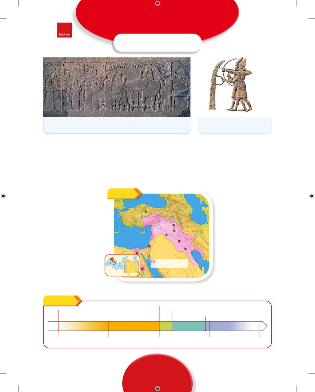 GLI ASSIRI Un bassorilievo dal palazzo di Ninive che raffigura Assurbanipal e la sua sposa. I crudeli guerrieri assiri con scudi, archi e armi di ferro.