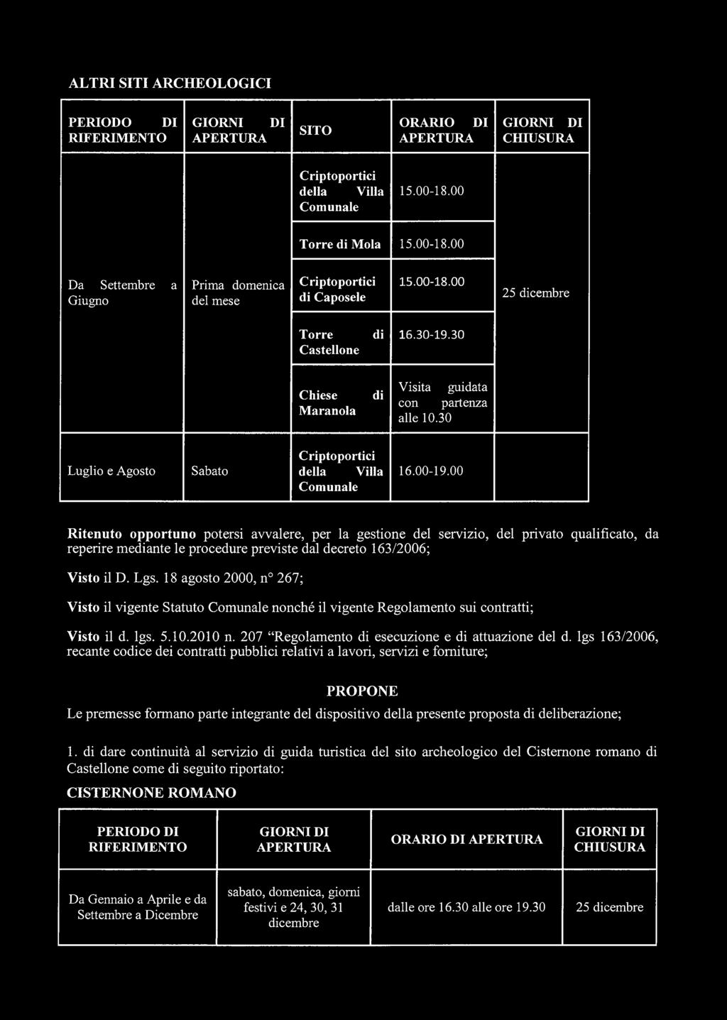 18 agosto 2000, n 267; Visto il vigente Statuto nonché il vigente Regolamento sui contratti; Visto il d. lgs. 5.10.2010 n. 207 Regolamento esecuzione e attuazione del d.