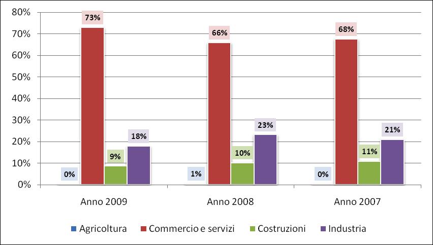 Mentre dall analisi delle quote degli avviamenti per settore di attività economica dall anno 2007 all anno 2009, si osserva per il Commercio e servizi un aumento significativo della quota di