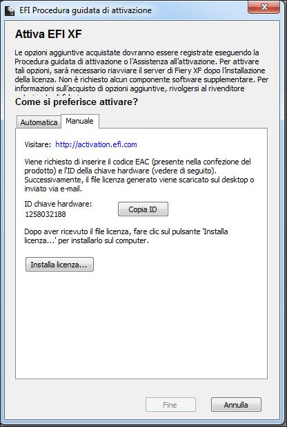 14 4 Fare clic sulla scheda Manuale. FIGURA 5: Attivazione manuale di Fiery XF La scheda Manuale consente di reinstallare una licenza esistente.