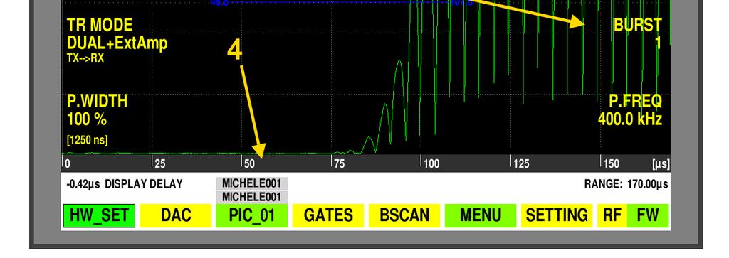 1) Impostazione della finestra di misura "Gate1" con tempo di inizio, ampiezza in termini di tempo e % dello schermo (ampiezza di intensità).