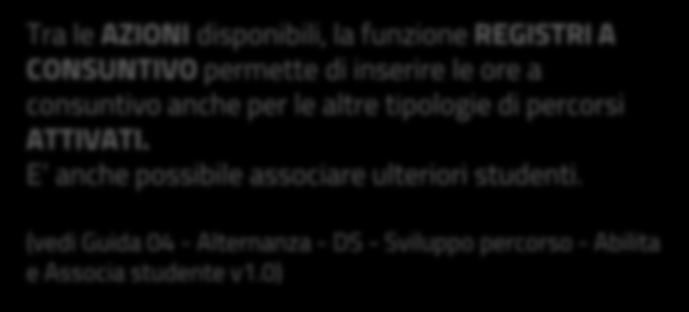 GESTIONE REGISTRI A CONSUNTIVO Tra le AZIONI disponibili, la funzione REGISTRI A CONSUNTIVO permette di inserire le ore a consuntivo anche per le altre tipologie di percorsi ATTIVATI.