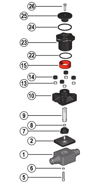 COMPONENTI ESPLOSO 1 Corpo (PVDF - 1) 2 Membrana di tenuta (EPDM, FPM, PTFE - 1) 5 Vite di fissaggio (Acciaio INOX - 4) 6 Rondella (Acciaio INOX - 4) 7 Otturatore (PA-GR - 1) 8 Dado (Acciaio INOX -