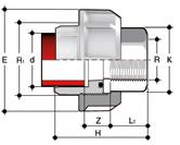 DIMENSIONI BIFXF Bocchettone di passaggio PVDF/Acciaio INOX con estremità per saldatura di tasca (d), estremità femmina filettata BSP (R) in Acciaio INOX A316L, con guarnizione O-Ring in FPM d x R R1