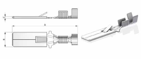 Terminale Maschio Tongue Terminal Codice Sezione Cavo Ø Isolante Spessore A B C D Q.tà Conf. Materiale 10605-000 0.5 1.50 1.9 0.40 28 6.3 0.8 4.3 5.000 2/4 CuZn 10605-011 0.5 1.50 1.9 0.40 28 6.3 0.8 4.3 5.000 2/4 CuZnSn 10606-000 1.