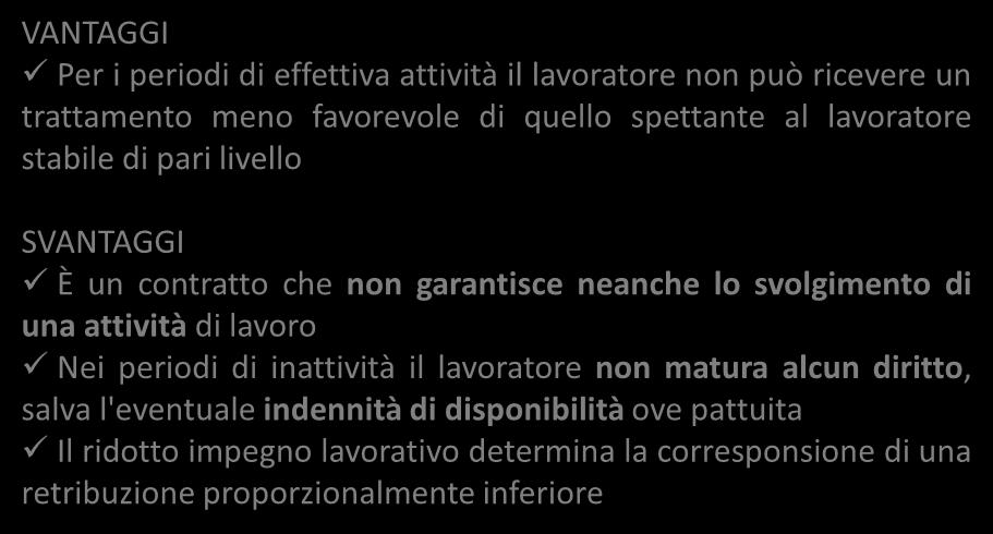 Il contratto di lavoro intermittente VANTAGGI Per i periodi di effettiva attività il lavoratore non può ricevere un trattamento meno favorevole di quello spettante al lavoratore stabile di pari