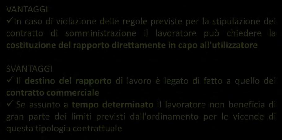 Il contratto di lavoro somministrato VANTAGGI In caso di violazione delle regole previste per la stipulazione del contratto di somministrazione il lavoratore può chiedere la costituzione del rapporto