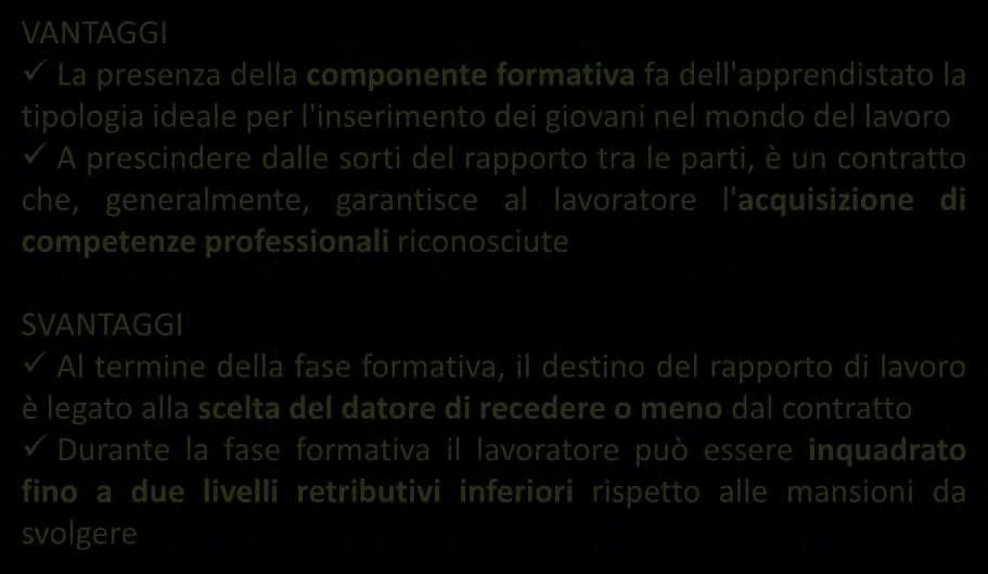 Il contratto di apprendistato VANTAGGI La presenza della componente formativa fa dell'apprendistato la tipologia ideale per l'inserimento dei giovani nel mondo del lavoro A prescindere dalle sorti