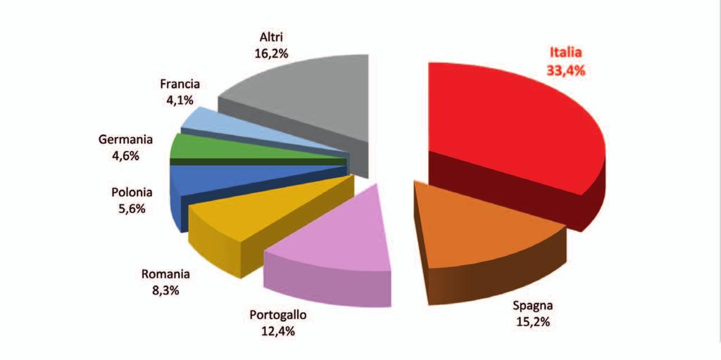 Posizionamento internazionale International positioning Produzione della UE28 per Paese in volume, anno 2013 (%) EU28