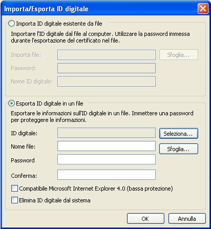 4. Cliccare su Importa/Esporta 5. Nella finestra visualizzata, attivare la voce Esporta ID digitale in un file 6.