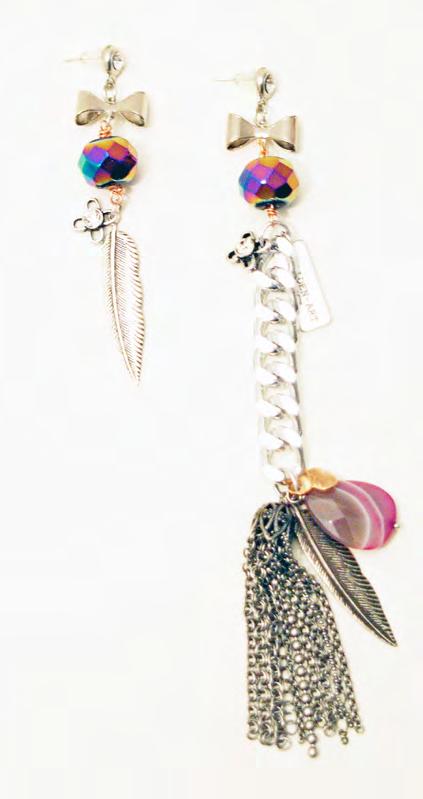 ANGL_14 Angleria Earrings made with silver plated brass chains, natural agate fucsia stone, charms and