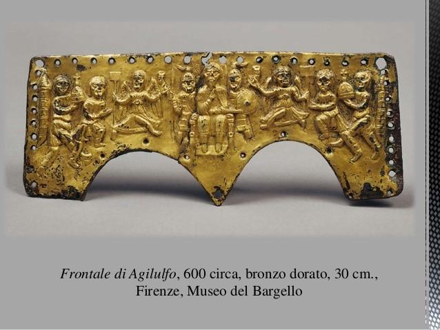 Es.2: il frontale di Agilulfo Frontale di Agilulfo, 600 c.a., bronzo dorato, 30 cm, Firenze, Museo del Bargello. Probabile guarnizione di un elmo, bronzo dorato lavorato a sbalzo.