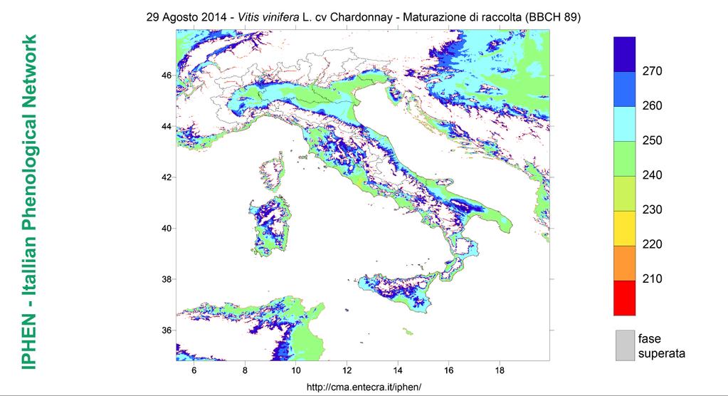 FENOLOGIA VITE PREVISIONE GRAPEVINE FORECAST Fig. 13 previsione fenologica per Vitis vinifera cv Cabernet sauvignon Addolcimento degli acini. Fig. 13 phenological forecasts for Vitis vinifera cv Cabernet sauvignon Softening of berries.
