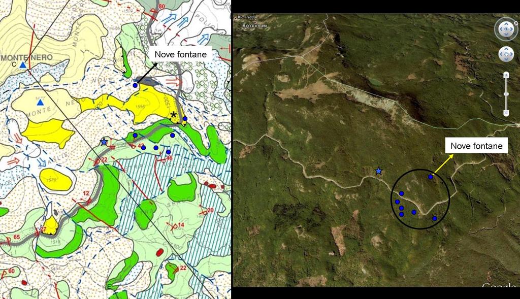 Analizzando le collocazioni di alcune sorgenti sulla carta geologica emerge uno stretto legame con i processi gravitativi, soprattutto nella zona di Nove Fontane.