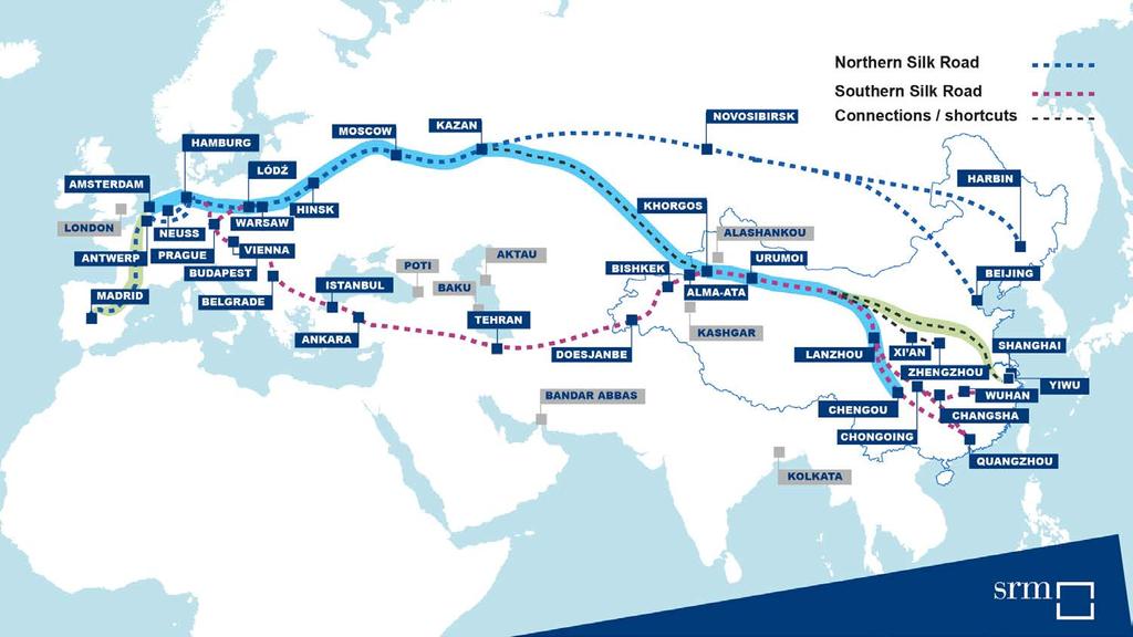 Belt & Road: le vie del ferro 11 Fonte: SRM su dati vari Dei 4 corridoi terrestri della BRI uno collega Asia e Europa; è il nuovo ponte Eurasiatico (New Eurasian Land Bridge).