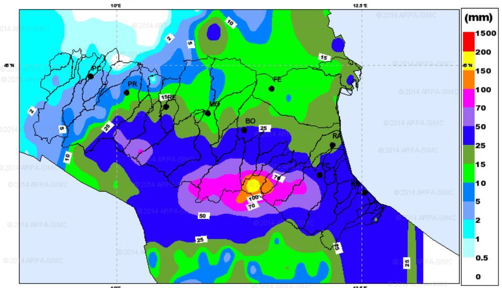 EVENTO METEO IDROGEOLOGICO E IDRAULICO DEL 20 SETTEMBRE 2014 Bacini Santerno, Senio, Lamone e Montone Pioggia cumulata dell evento dalle ore 12:00 del 19 alle ore 12:00 del 20 settembre (24 ore)