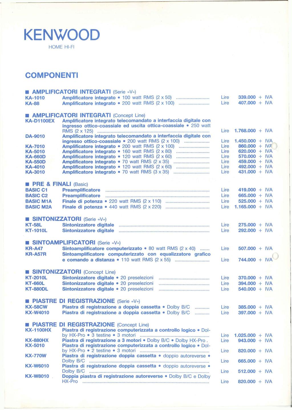 COMPONENTI AMPLIFICATORI INTEGRATI (Serie «V») KA-1010 Amplificatore integrato 100 watt RMS (2 x 50) Lire 339.000 + IVA KA-88 Amplificatore integrato 200 watt RMS (2 x 100) Lire 407.