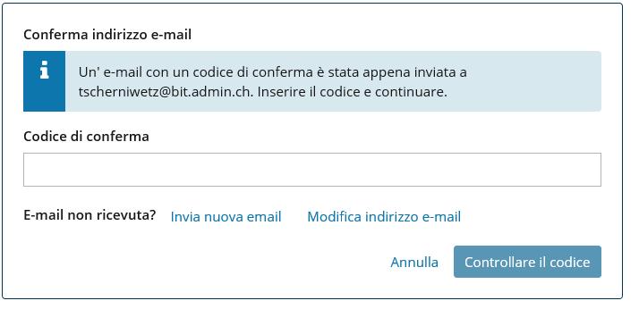 4.1 Modifica dell'indirizzo e-mail Per modificare l'indirizzo e-mail si apre una finestra nella quale è possibile inserire e confermare il nuovo indirizzo. Premere "Salva" per continuare.