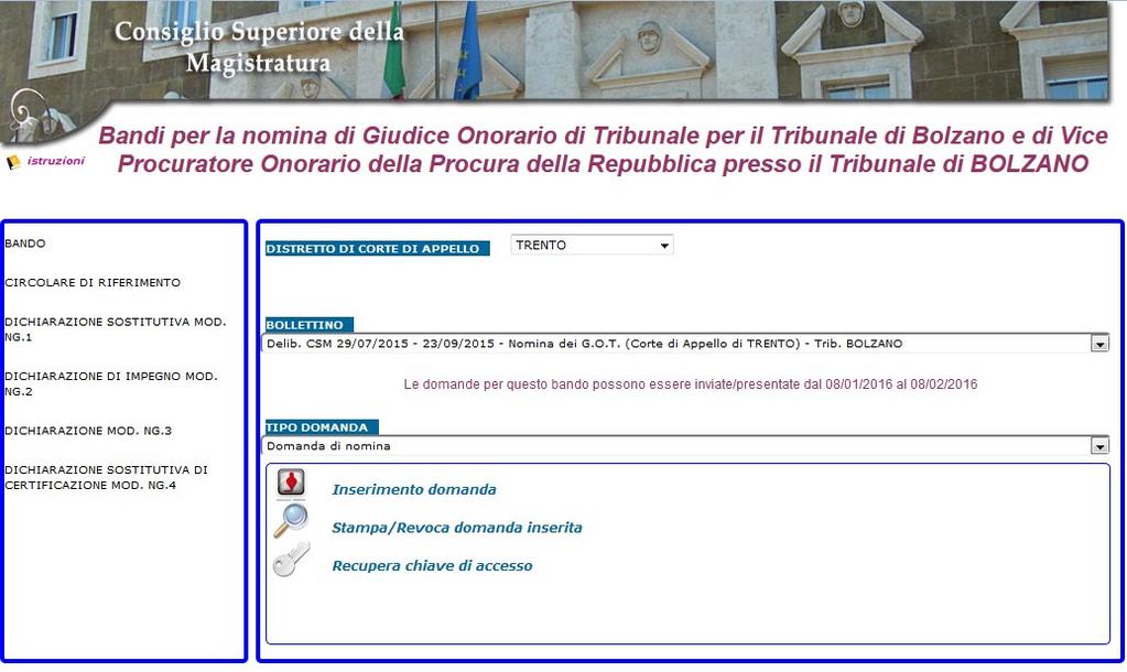 Si aprirà una pagina in cui scegliere il bollettino di interesse relativo ad un particolare distretto di Corte di Appello (nel caso specifico è fissato su TRENTO).