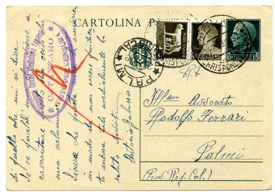 ovale violetto. 24.2.1939 Carceri Giudiziarie Centrali di Catanzaro a Palmi Affrancatura: C.P. 15 c. + 5 c. + 10 c.