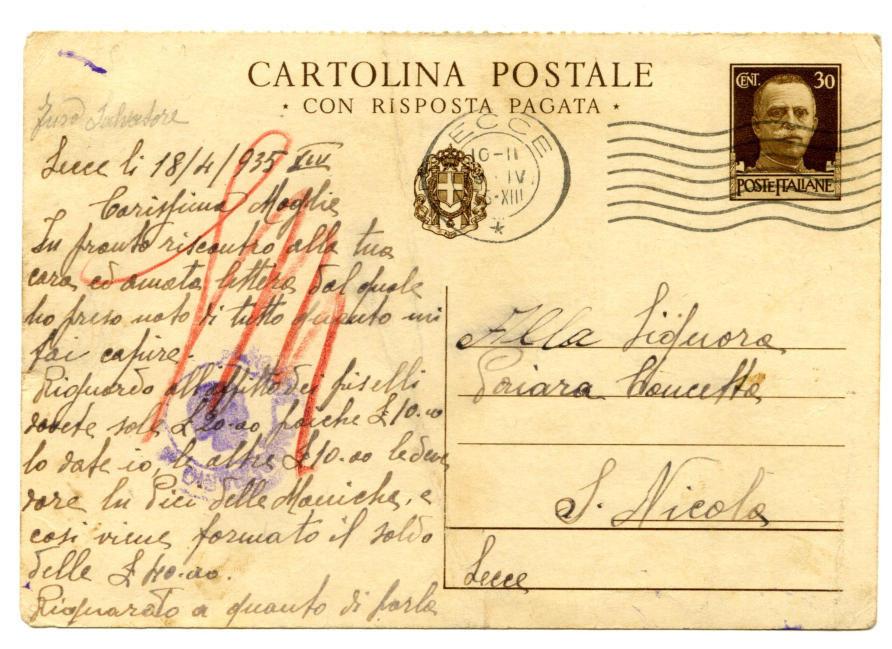 Periodo storico: Regno Vittorio Emanuele III 19.4.1936 - Carceri Giudiziarie di Lecce a S.