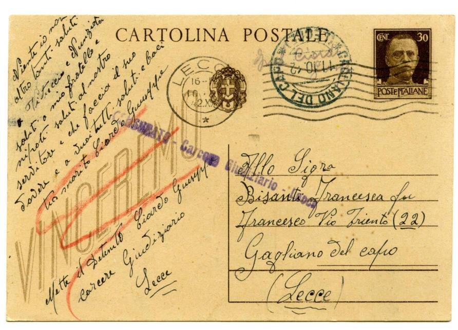 30 c. Tariffa postale: Cartolina postale Timbro di censura: Carcere Giudiziario - Lecce,