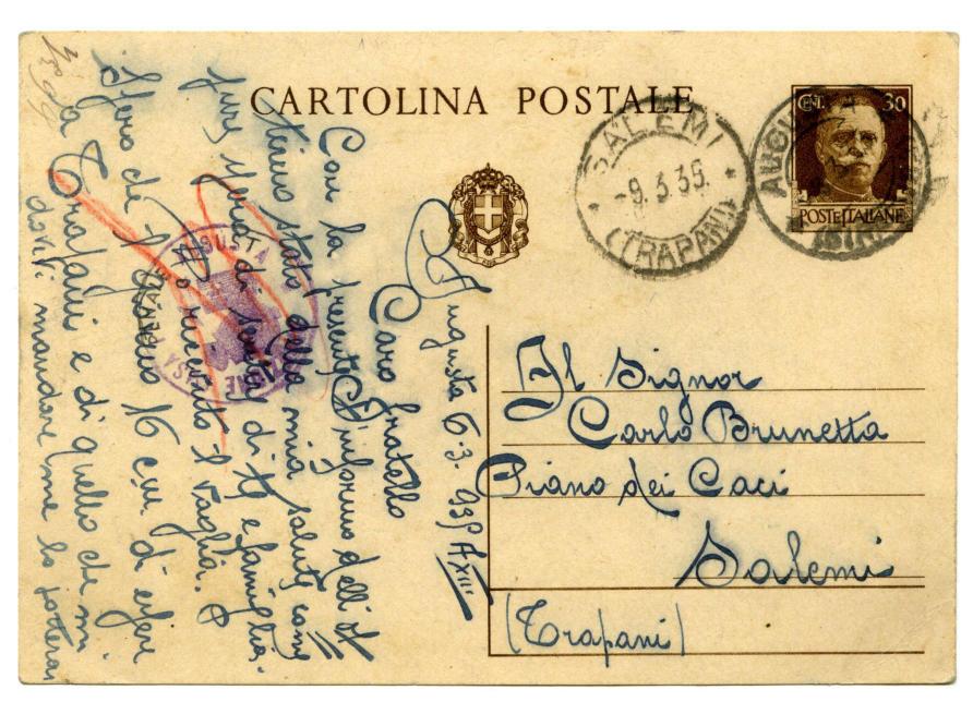 Periodo storico: Regno Vittorio Emanuele III 6.3.1939 Casa Penale di Augusta a Salemi Affrancatura: C.