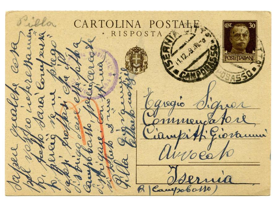 Tariffa postale: Cartolina postale Timbro di censura: Direzione Casa Penale - Augusta, rotondo