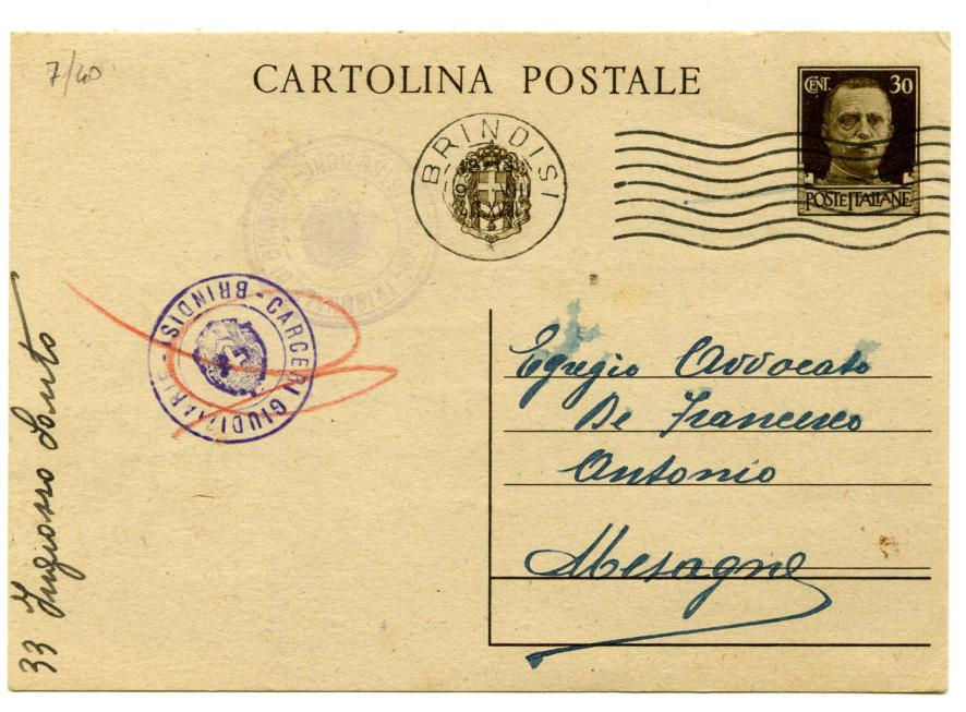 Tariffa postale: Cartolina postale Timbri di censura: Carceri Giudiziarie - Brindisi, rotondo