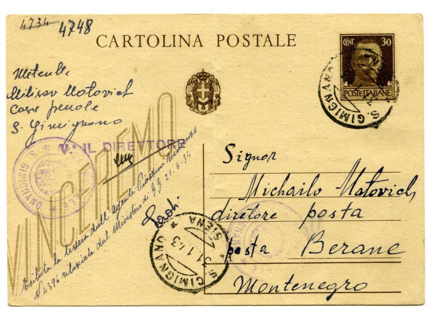 31.1.1943 Casa Penale S. Gimignano a Montenegro Affrancatura: C.P. 30 c.