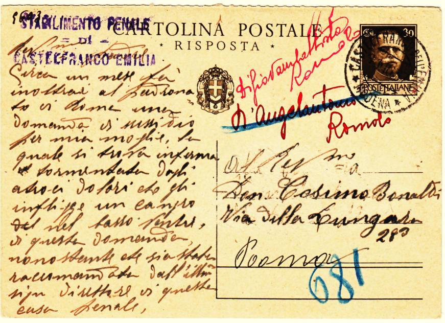Tariffa postale: Cartolina postale Timbro di censura: Stabilimento Penale / di / Castelfranco Emiliia lineare