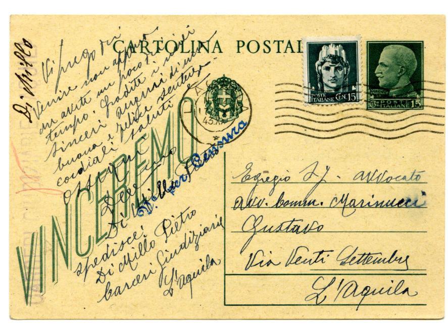 Periodo storico: Regno Vittorio Emanuele III 28.4.1941 Carceri Giudiziarie di Torino a Bologna Affrancatura: C.P. 30 c.