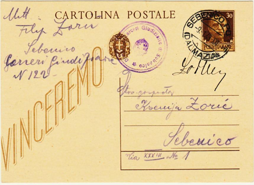 Periodo storico: Regno Vittorio Emanuele III 9.1.1943 - Carceri Giudiziarie - Sebenico per città Affrancatura: C.P. 30 c.