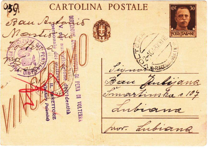 Periodo storico: Repubblica Sociale Italiana 2.10.1943 - Penitenziario di Volterra a Lubiana Affrancatura: C.