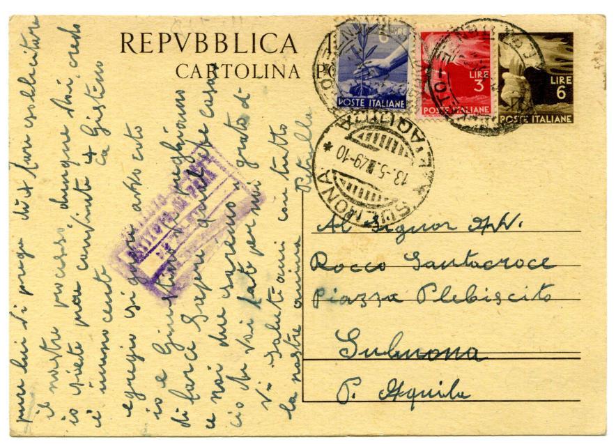 Periodo storico: Repubblica 15.5.1949 - Istituto di Pena di Spoleto a Sulmona Affrancatura: C.