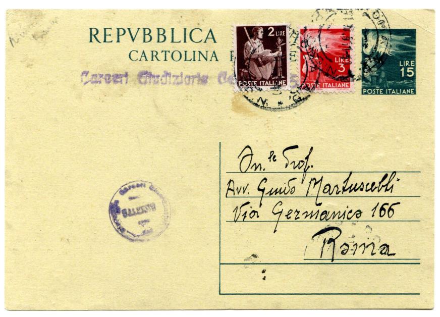 Periodo storico: Repubblica 10.5.1951 Carceri Giudiziarie di Asti a Roma Affrancatura: C.P. 15 l.