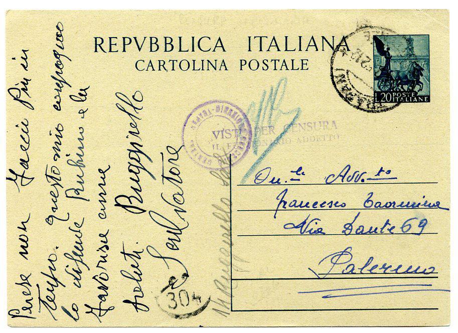 Periodo storico: Repubblica 14.2.1952 - Carceri di Trapani a Palermo Affrancatura: C.P. 20 l.
