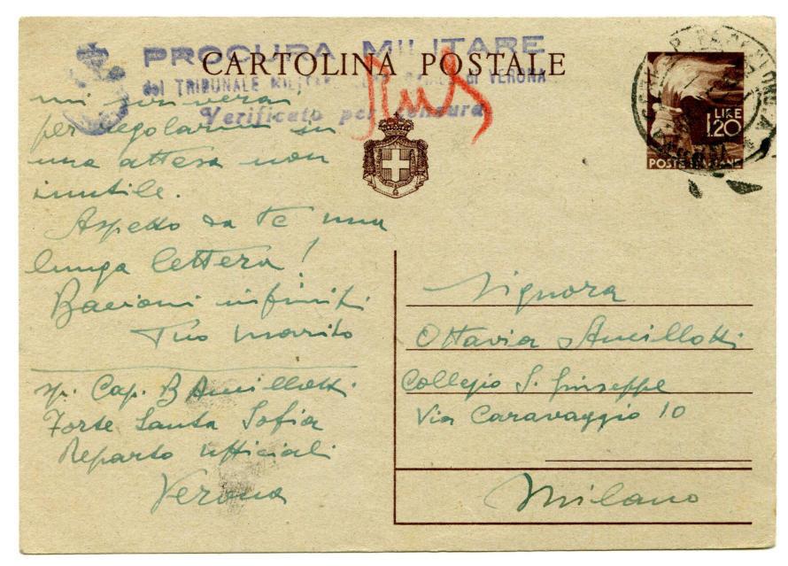 Le Carceri Militari Periodo storico: Luogotenenza 28.1.1946 - Forte Santa Sofia di Verona a Milano Affrancatura: C.P. 1,20 l.