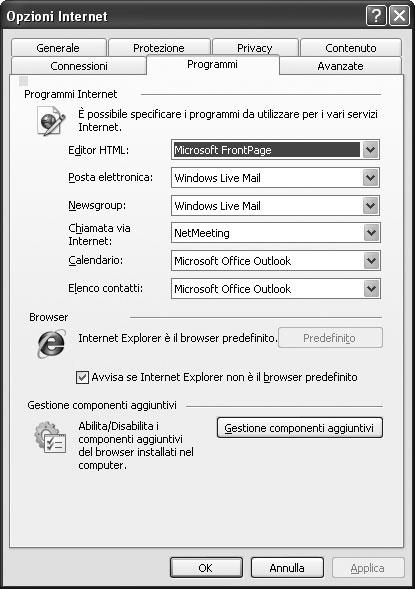 4: Personalizzare il browser apre attiva la scheda Programmi attraverso la quale ti è permesso specificare i programmi che Windows utilizza automaticamente per ogni servizio Internet (vedi figura 4.