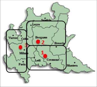 Figura 23. Suddivisione del territorio regionale in tre macro aree e posizionamento indicativo degli impianti di riciclo, assunto di riferimento per la modellizzazione degli scenari alternativi.