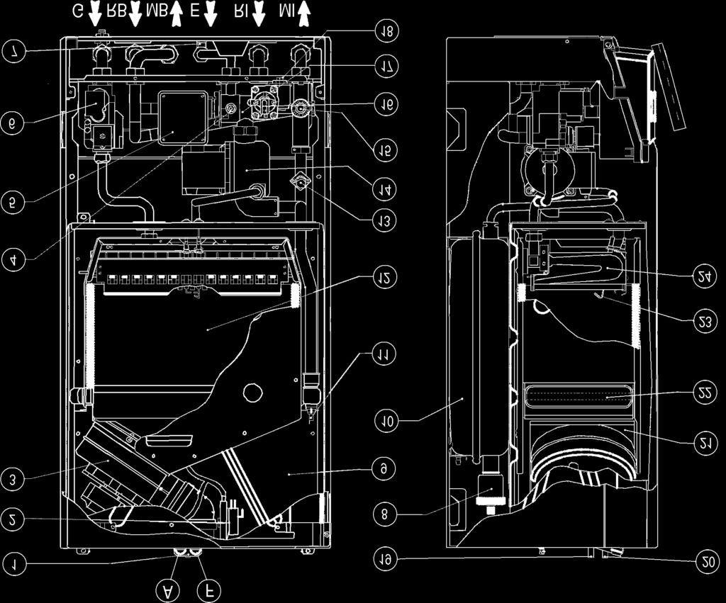 COMPONENTI PRINCIPALI EOLO Superior PLUS 1 - Pozzetti prelievo (A= aria F= fumi) 2 - Pressostato sicurezza ventilatore 3 - Ventilatore espulsione fumi 4 - Raccordo scarico impianto 5 - Motoriduttore