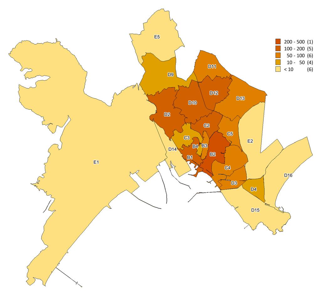 Il comune Cagliari Figura 12: Distribuzione nelle zone OMI Dalla mappa in figura, dove le gradazioni più scure indicano zone OMI con valori più elevati del, si nota che nella fascia centrale la zona