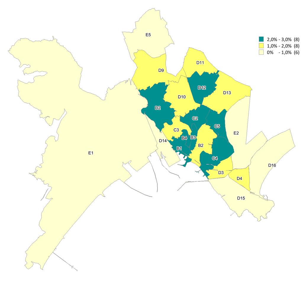 Figura 13: Distribuzione IMI nelle zone OMI Osservando la figura, distribuzione IMI nelle zone OMI, si nota che all interno dell area costituita dalle fasce centrale e semicentrale è presente una