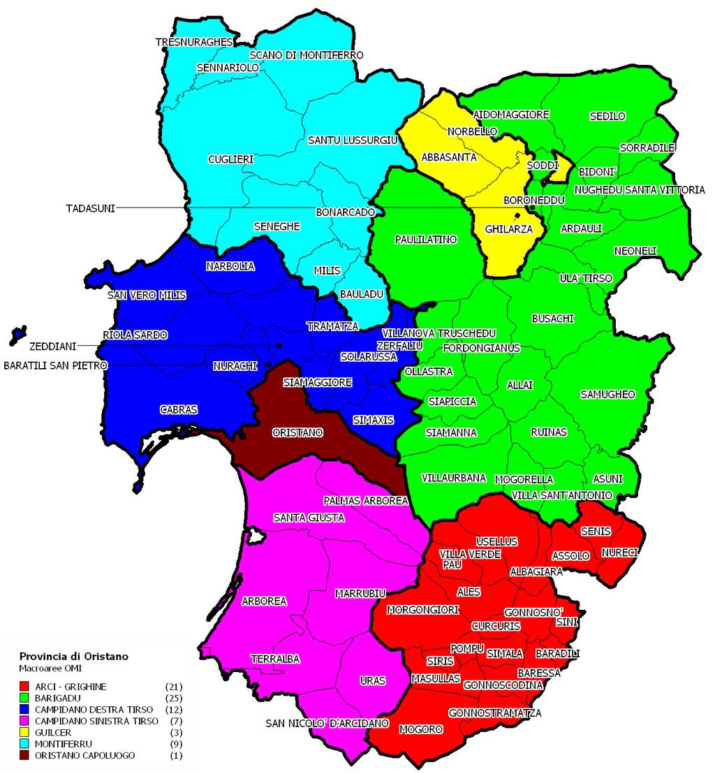 La provincia Oristano Figura 19: Macroaree provinciali di Oristano Tabella 15:, IMI e variazione annua per macroarea provinciale Macroaree provinciali Quota per provincia IMI Differenza IMI ARCI -