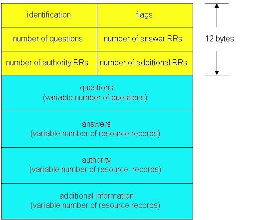 DNS protocol, messages Name, type fields for a query RRs in reponse to query