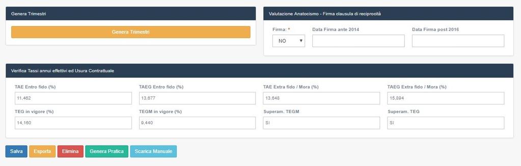 Premendo il pulsante Genera trimestri il software calcolera il tasso annuo efettivo globale alla stipula, TANaEG verifcando quindi la presenza di eventuale usura contrattuale ed i trimestri di