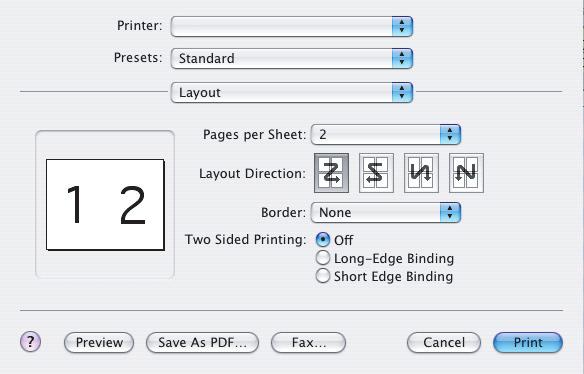 MAC OS X 1. Dal programma applicativo, scegliere [Archivio] [Stampa]. 1 2 3 4 5 2. Dal menu [Stampante] (1), selezionare il modello della stampante. 3. Selezionare [Layout] (2). 4. Dal menu [Pagine per foglio] (3), selezionare il numero di pagine da adattare in un singolo foglio di carta.