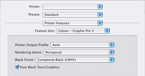 MAC OS X (GRAFICA PROFESSIONALE) 1. Dal menu [Archivio], selezionare [Stampa]. 1 2 3 4 2. Dal menu [Stampante] (1), selezionare la stampante in uso. 3. Nel menu successivo (2), selezionare [Caratteristiche Stampante].