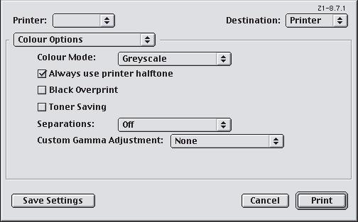 MAC OS 9 1. Dal programma applicativo, scegliere [Archivio] [Stampa]. 1 2 3 4 2. Dal menu [Stampante] (1), selezionare la stampante in uso. 3. Dal menu successivo (2), selezionare [Opzioni Colori]. 4. Dal menu [Modalità colore] (3), selezionare [Scala di grigi].